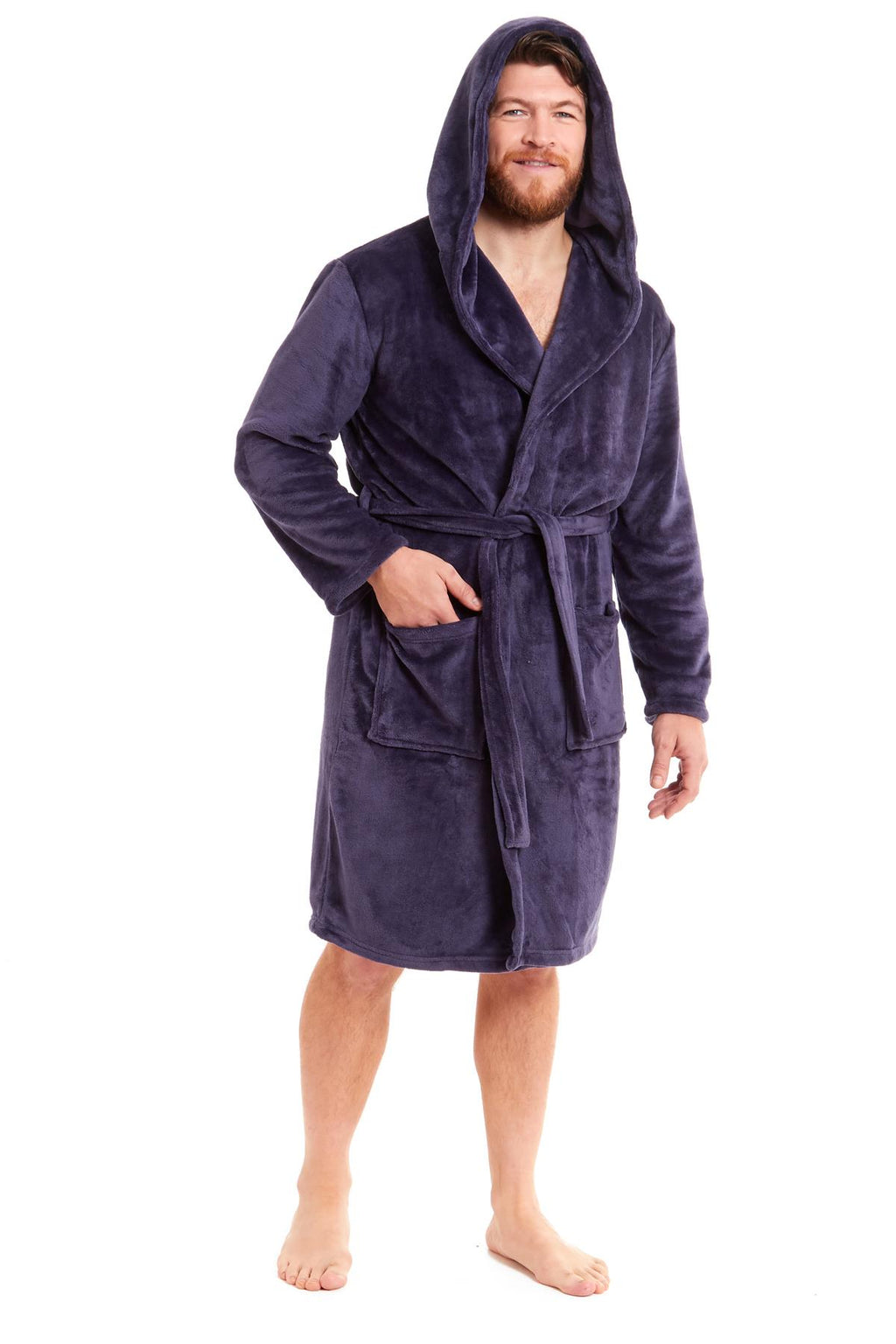 Mens Hooded  Dressing Gown Bath Robe Plain Flannel Fleece Robes Winter Gift