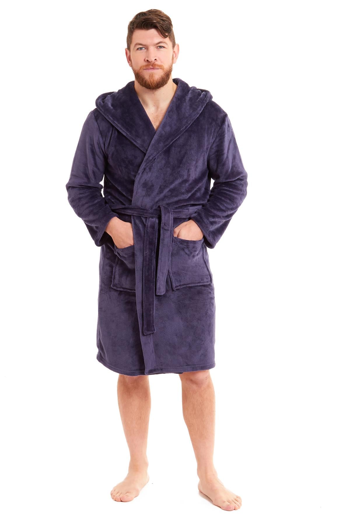 Mens Hooded  Dressing Gown Bath Robe Plain Flannel Fleece Robes Winter Gift