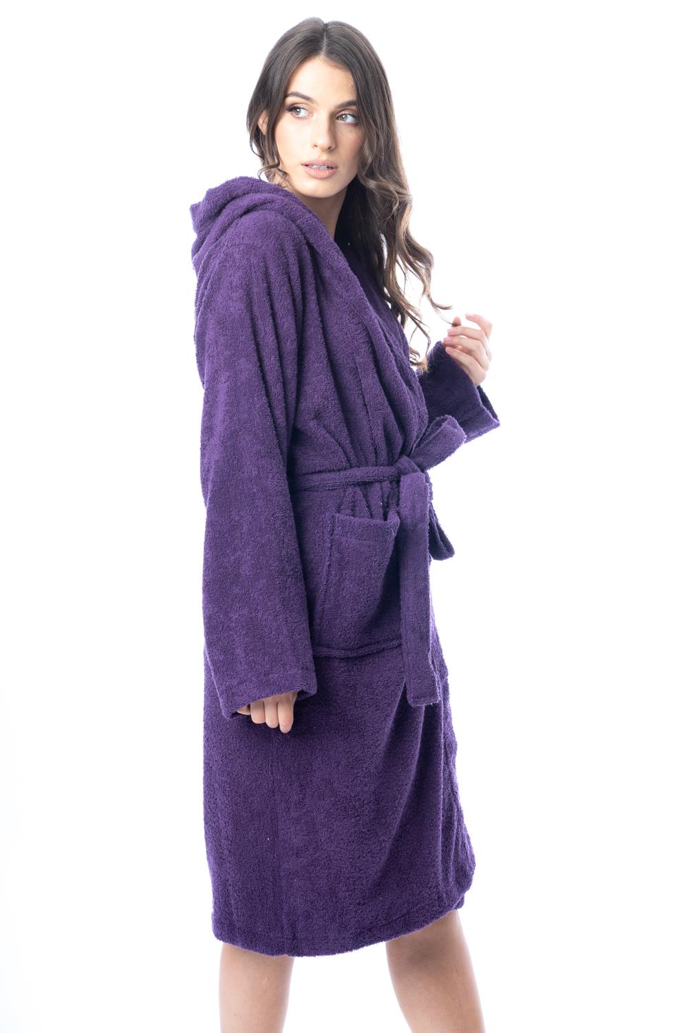 Womens Robe Terry Towelling 100% Cotton Hooded Bath Dressing Gown Bathrobe