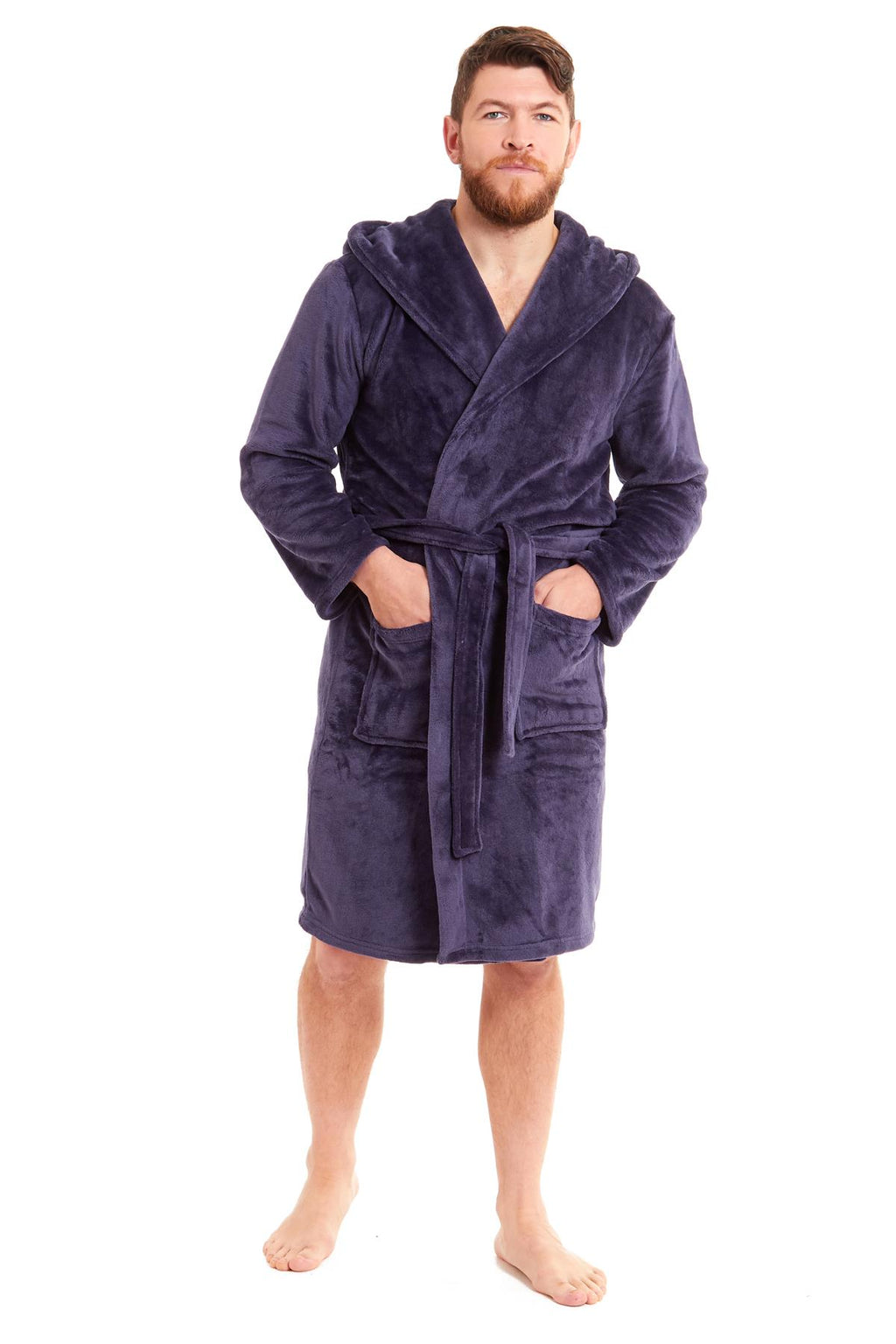 Mens Hooded  Dressing Gown Bath Robe Plain Flannel Fleece Robes Winter Gift