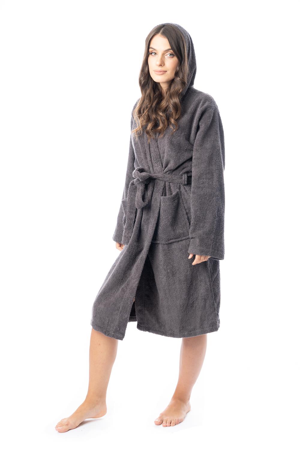 Womens Robe Terry Towelling 100% Cotton Hooded Bath Dressing Gown Bathrobe