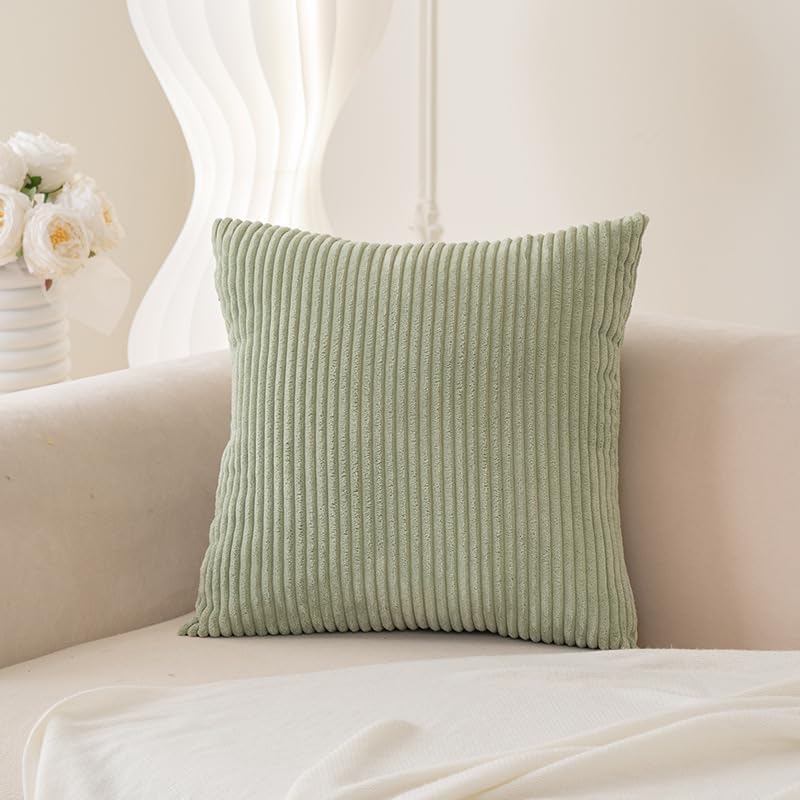Set of 2 Corduroy Cushion Covers 40cm x 40cm,Soft Striped Square Pillow Case,Cushion Case with Invisible Zipper,Home Boho Decor Pillow Cases for Couch Sofa Bedroom,Living Room-Sage Green