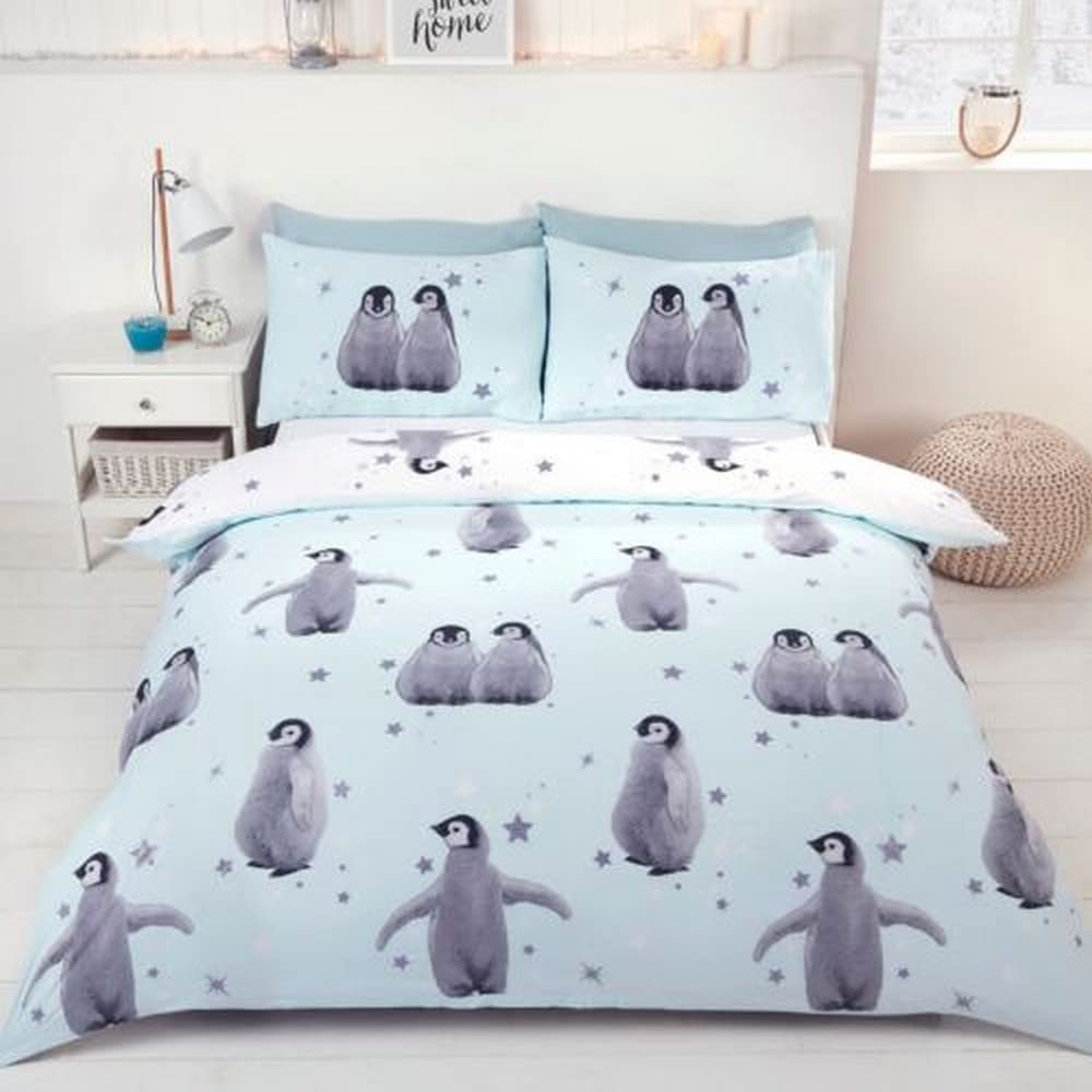 Rapport Home Starry Penguin Double Duvet Cover Set | Reversible Polycotton Bedding with 2 Pillowcases | Cute Pink Design for Kids, Teens & Adults (200x200cm)