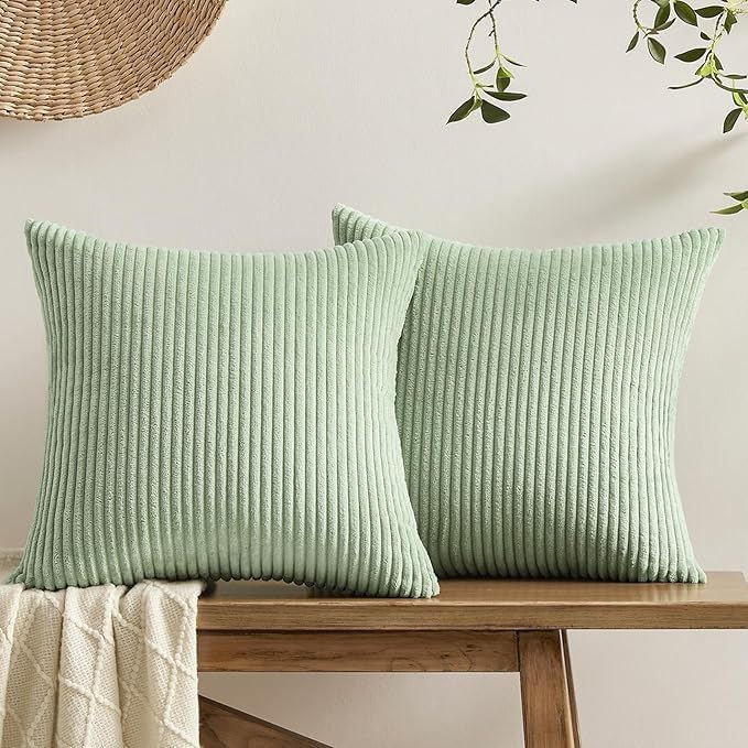 Set of 2 Corduroy Cushion Covers 40cm x 40cm,Soft Striped Square Pillow Case,Cushion Case with Invisible Zipper,Home Boho Decor Pillow Cases for Couch Sofa Bedroom,Living Room-Sage Green