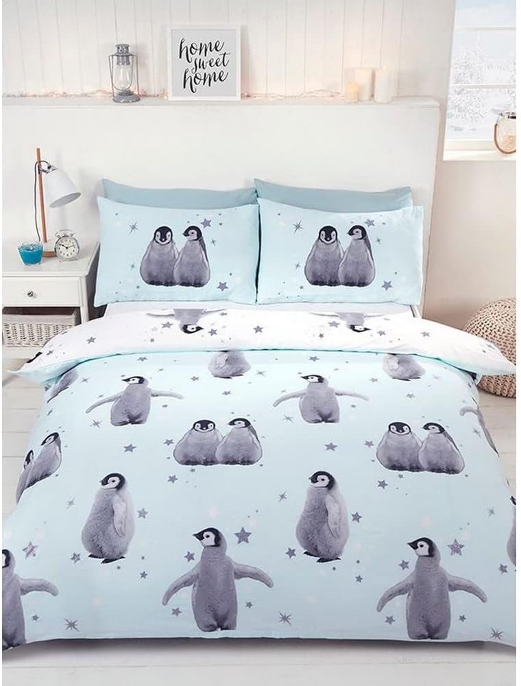 Rapport Home Starry Penguin Double Duvet Cover Set | Reversible Polycotton Bedding with 2 Pillowcases | Cute Pink Design for Kids, Teens & Adults (200x200cm)