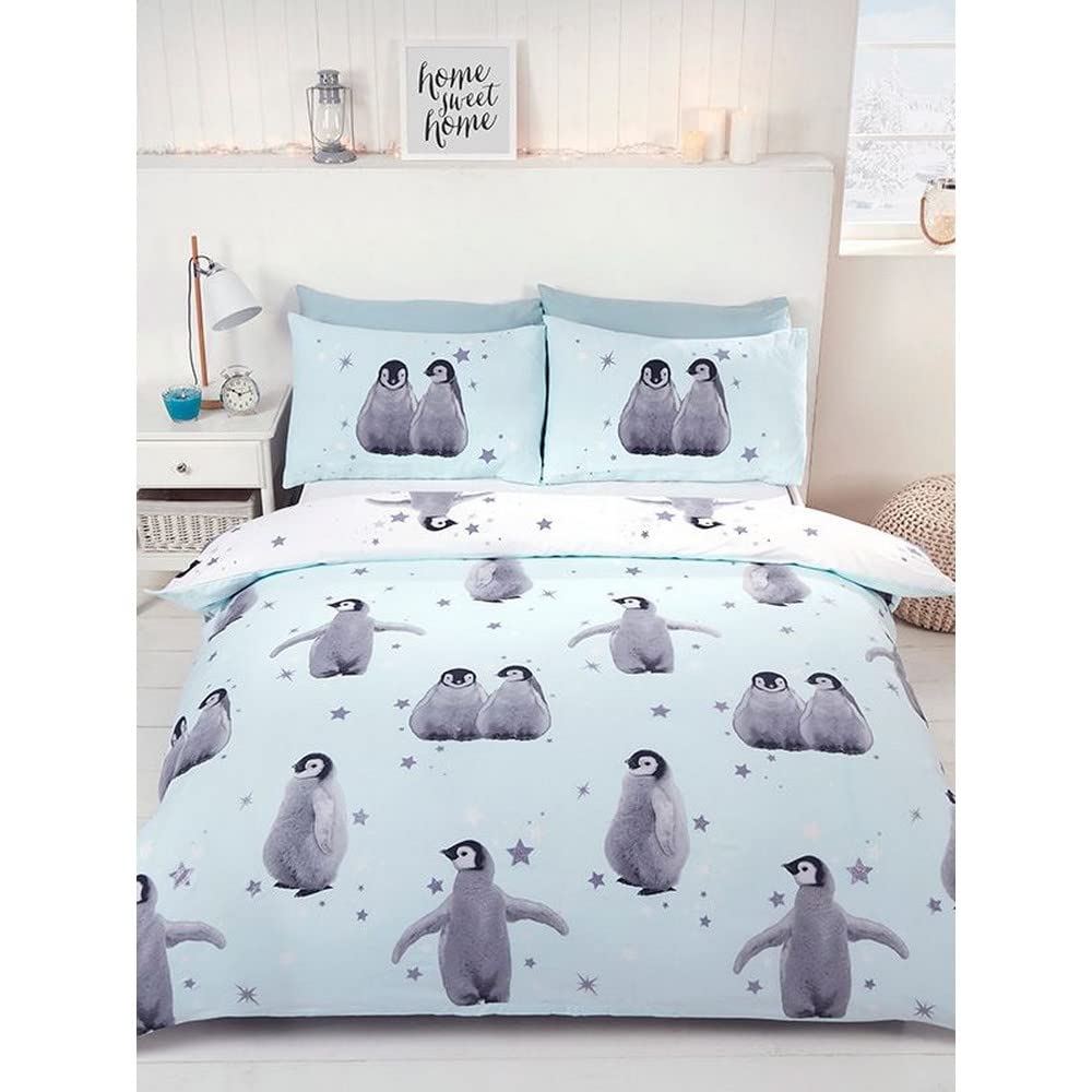 Rapport Home Starry Penguin Double Duvet Cover Set | Reversible Polycotton Bedding with 2 Pillowcases | Cute Pink Design for Kids, Teens & Adults (200x200cm)