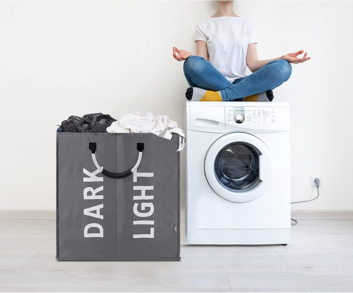 DOKEHOM 80L Collapsible Laundry Basket Bag with 2 Sections, Dark Grey