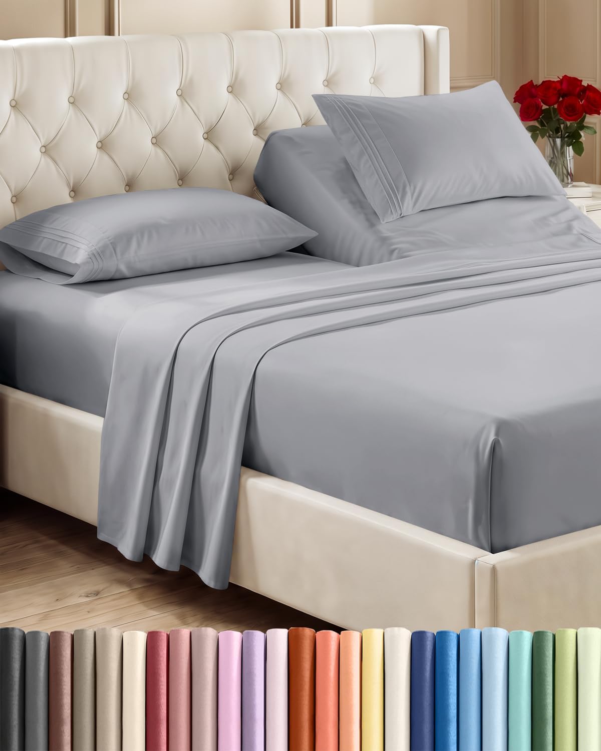 Queen Size 4 Piece Sheet Set - Breathable & Cooling Sheets - Dark Grey