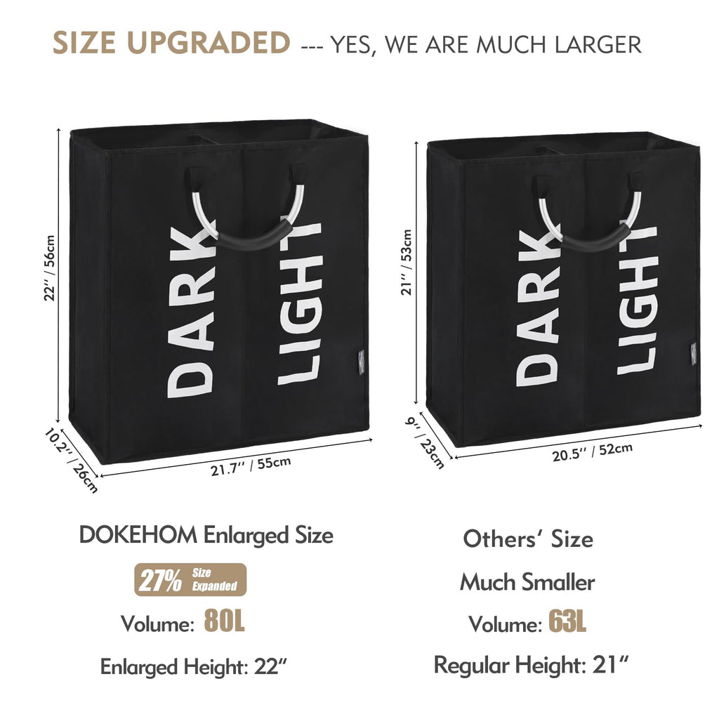 DOKEHOM 80L Collapsible Laundry Basket Bag with 2 Sections, Dark Grey
