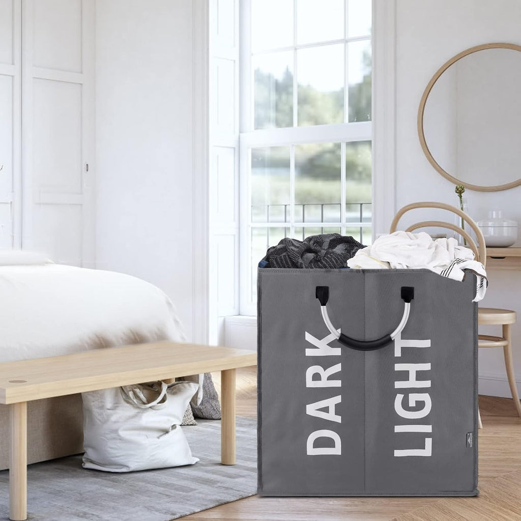 DOKEHOM 80L Collapsible Laundry Basket Bag with 2 Sections, Dark Grey