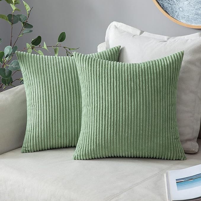 Set of 2 Corduroy Cushion Covers 40cm x 40cm,Soft Striped Square Pillow Case,Cushion Case with Invisible Zipper,Home Boho Decor Pillow Cases for Couch Sofa Bedroom,Living Room-Sage Green