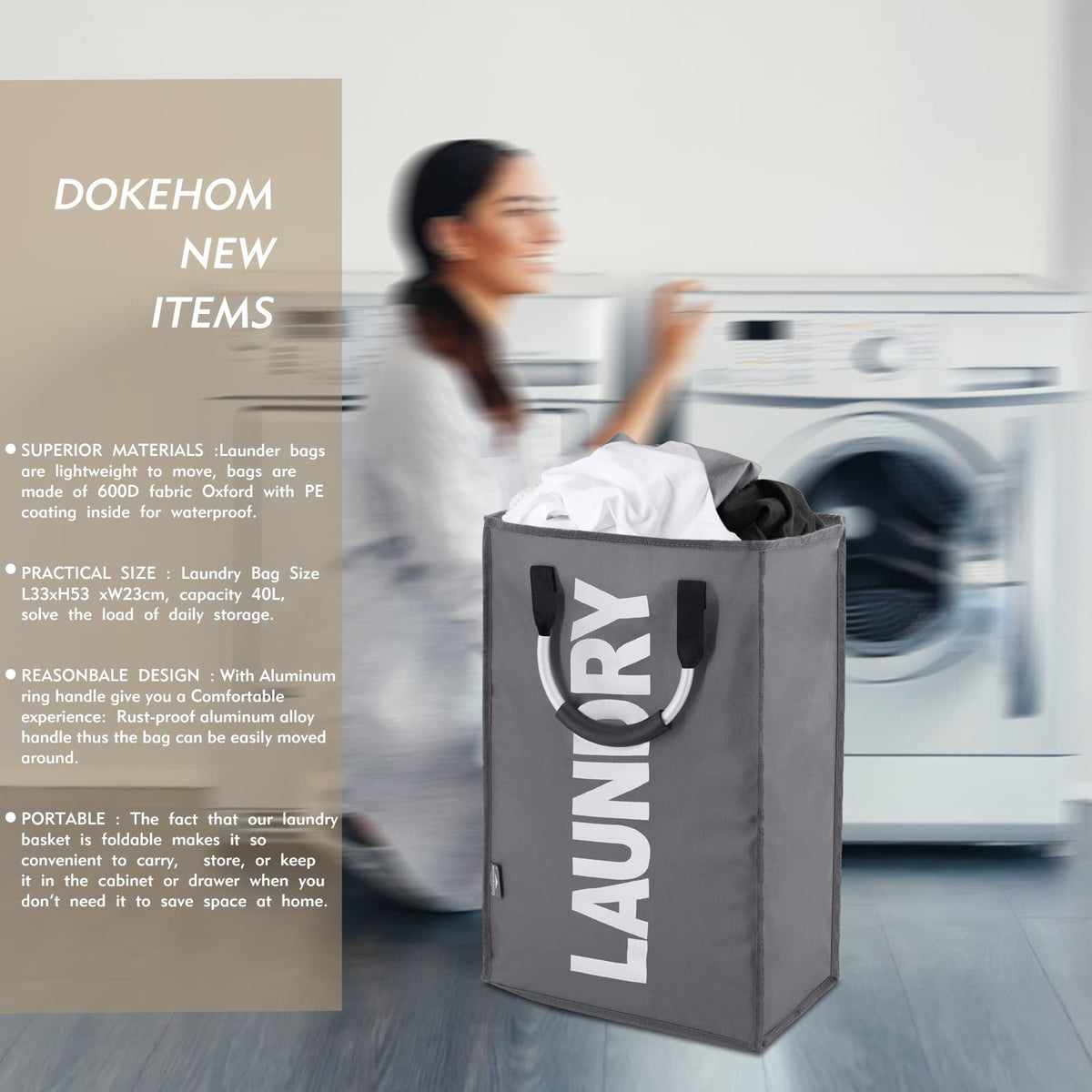 DOKEHOM 80L Collapsible Laundry Basket Bag with 2 Sections, Dark Grey