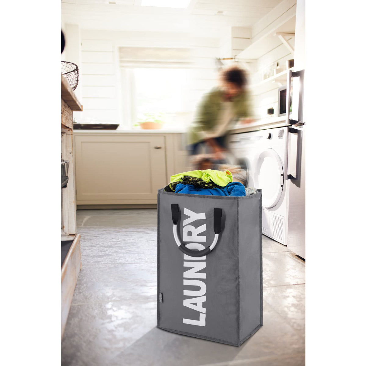 DOKEHOM 80L Collapsible Laundry Basket Bag with 2 Sections, Dark Grey