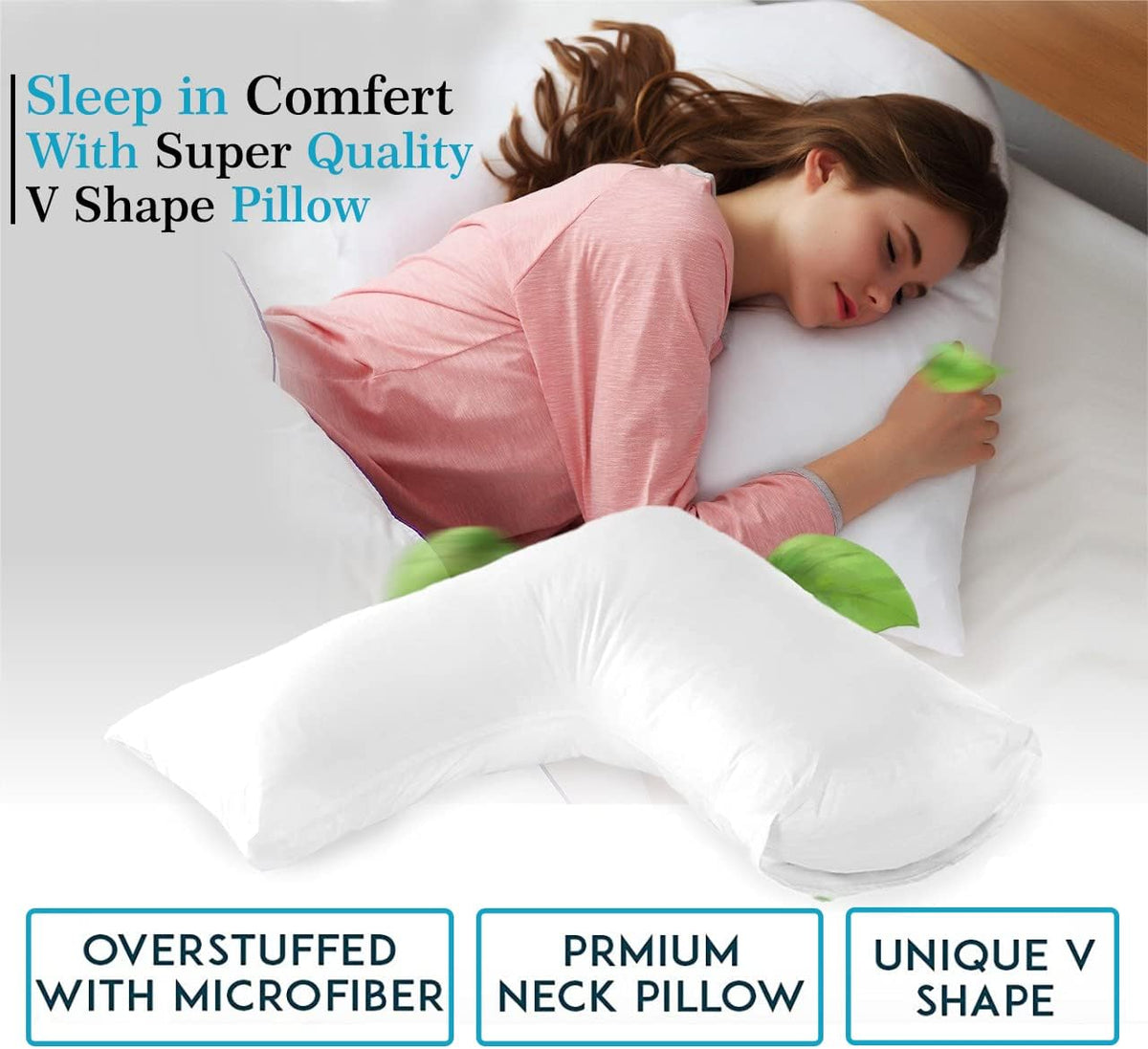 Luxury Filling V Pillow With Pillowcase - Orthopedic Supportive Pillow For Neck, Back & Shoulder - Pregnancy Nursing Support Shaped Pillows - Premium Hollowfiber Filling & Machine Washable