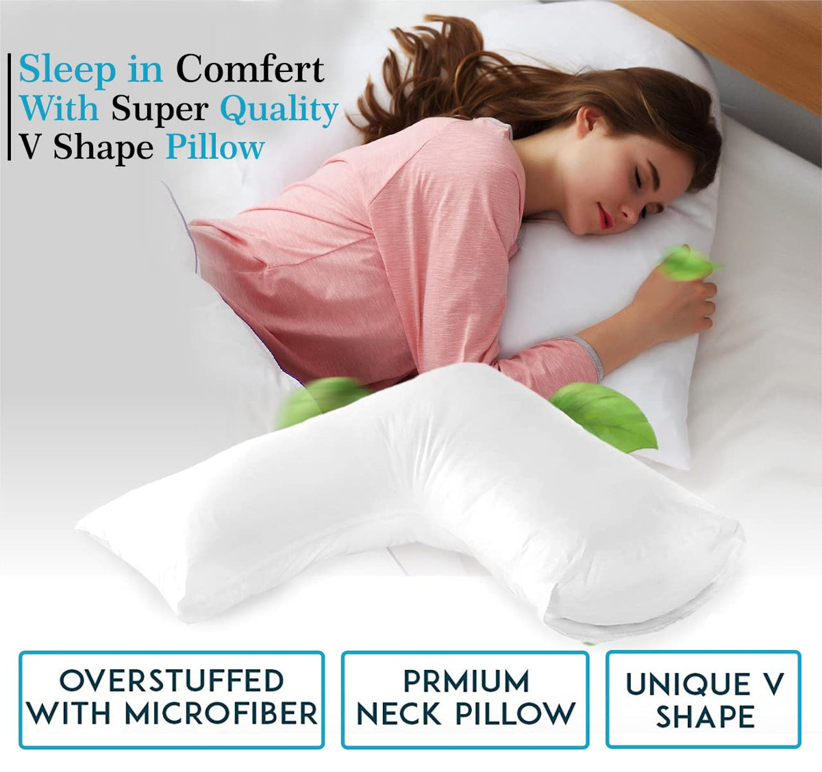 Luxury Filling V Pillow With Pillowcase - Orthopedic Supportive Pillow For Neck, Back & Shoulder - Pregnancy Nursing Support Shaped Pillows - Premium Hollowfiber Filling & Machine Washable