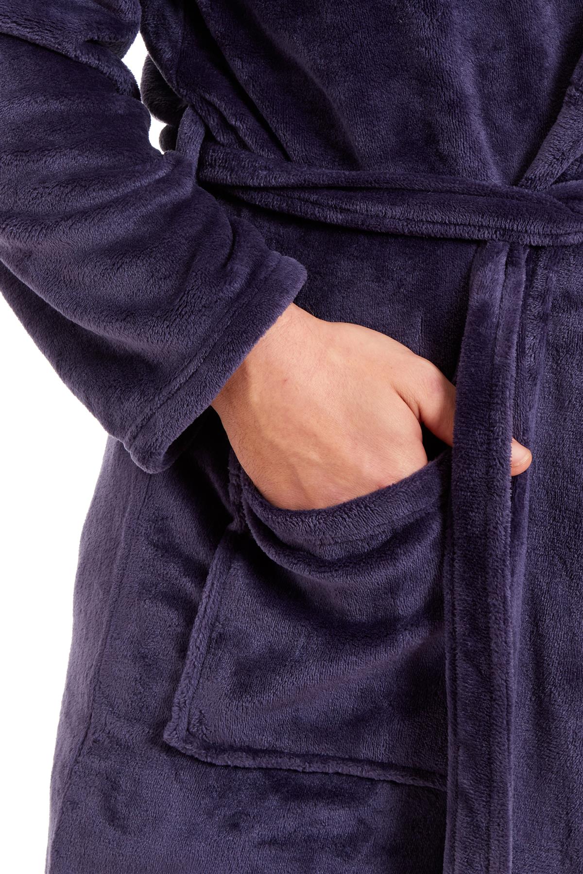 Mens Hooded  Dressing Gown Bath Robe Plain Flannel Fleece Robes Winter Gift