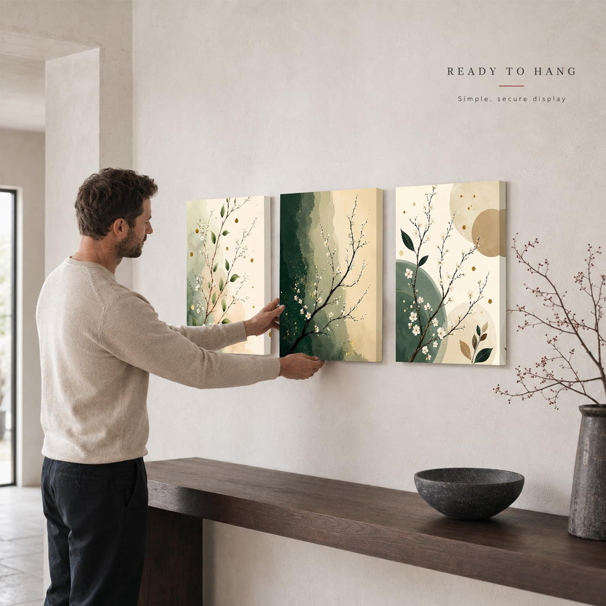 Soft Beige Floral Canvas Prints, Set of 3 Framed 12 x 16 Inch Wall Art