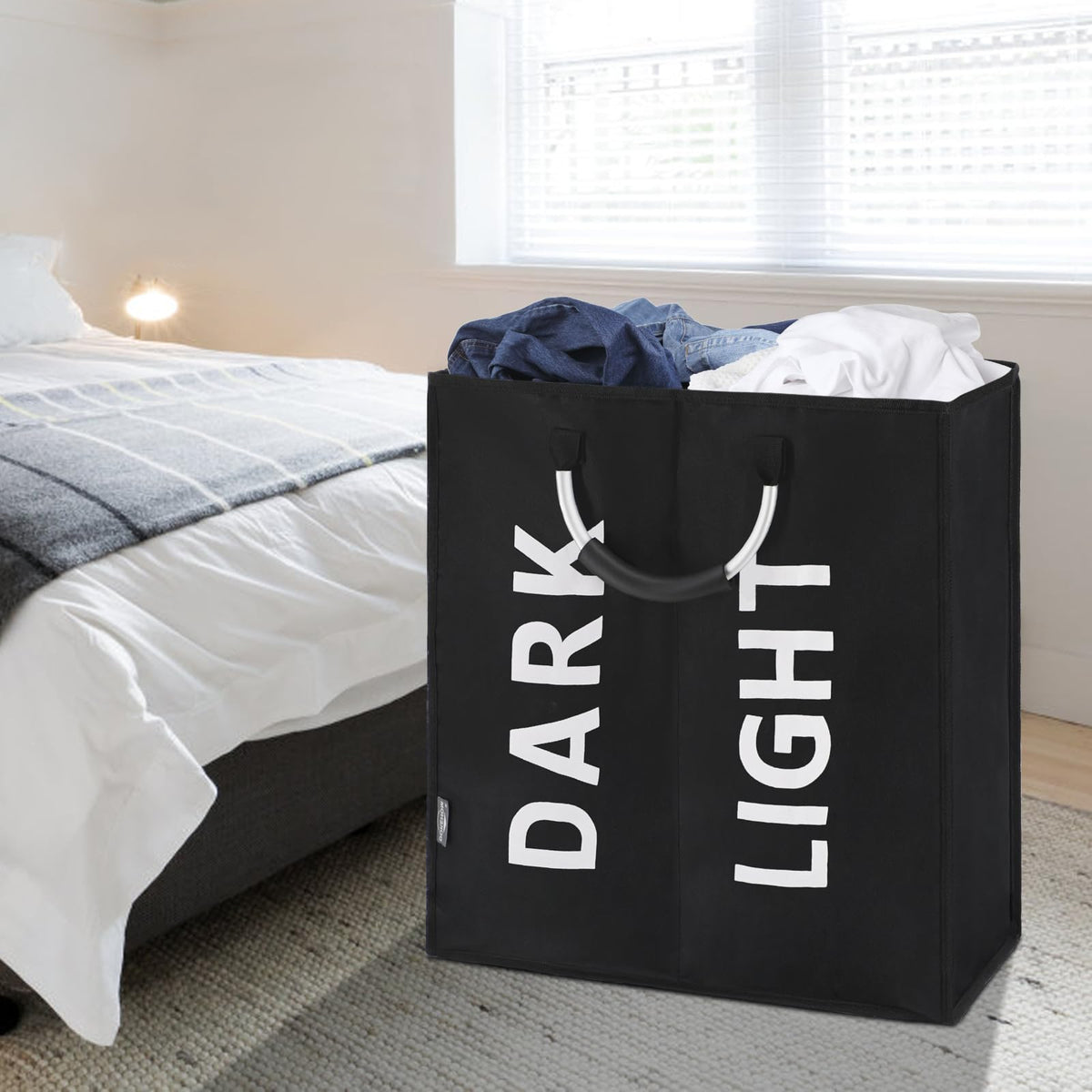 DOKEHOM 80L Collapsible Laundry Basket Bag with 2 Sections, Dark Grey