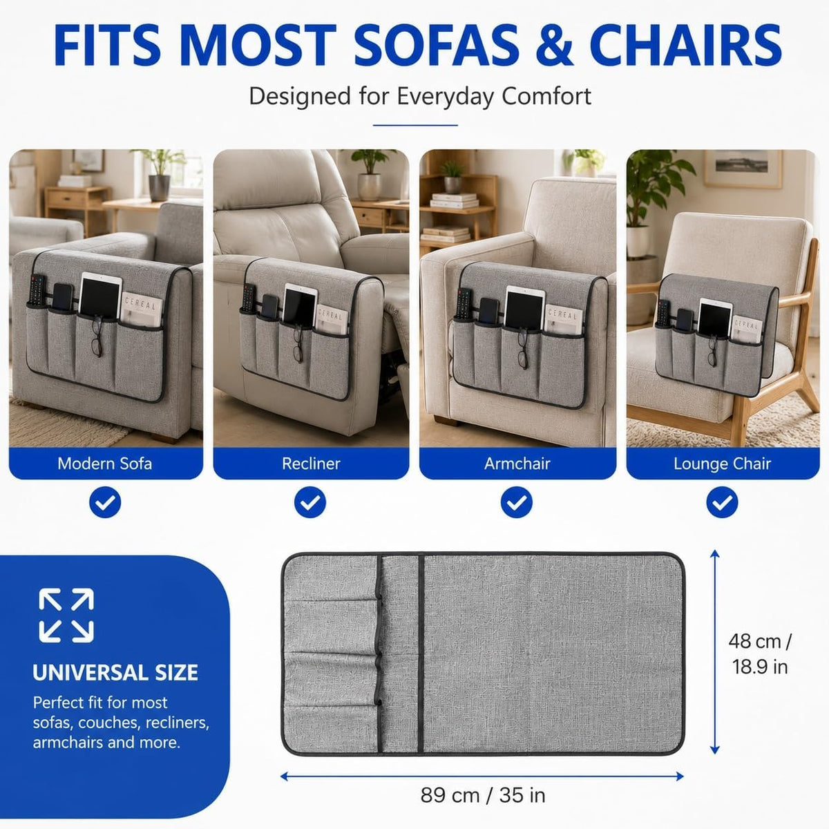 plastific Foldable Sofa Armrest Organiser with Multiple Storage Pockets