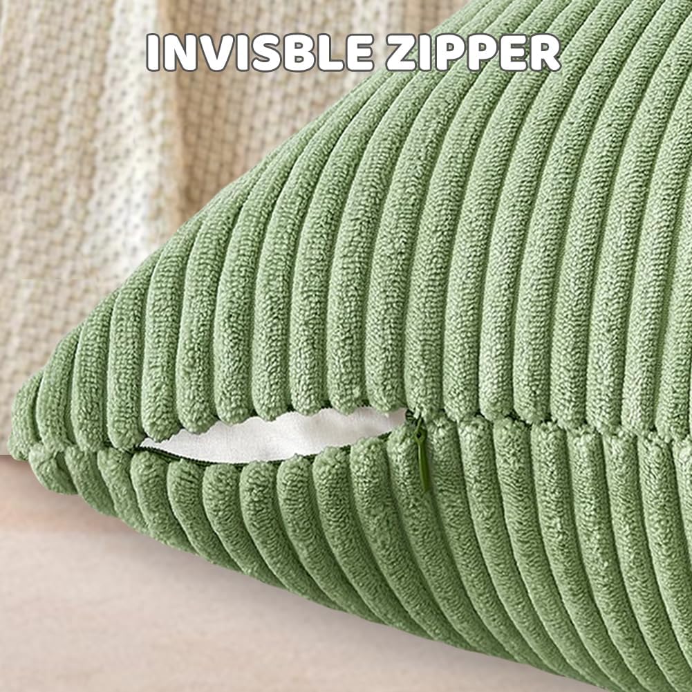 Set of 2 Corduroy Cushion Covers 40cm x 40cm,Soft Striped Square Pillow Case,Cushion Case with Invisible Zipper,Home Boho Decor Pillow Cases for Couch Sofa Bedroom,Living Room-Sage Green