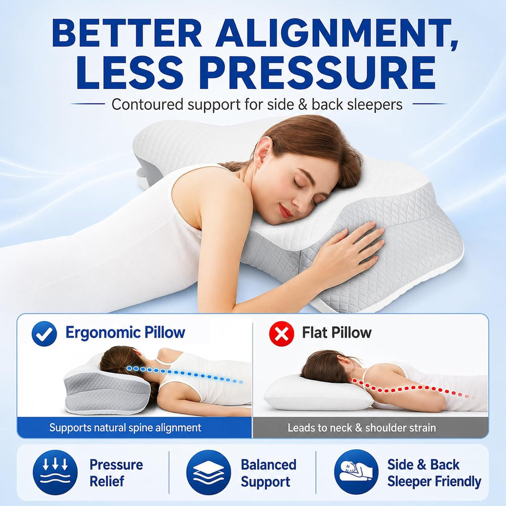 Hydomi Orthopaedic Cervical Pillow for Neck and Shoulder Pain Relief, Memory Foam Neck Support Pillow for Side, Back &Stomach Sleepers, Ergonomic Contour Bed Pillow with Armrest Design, Washable Cover