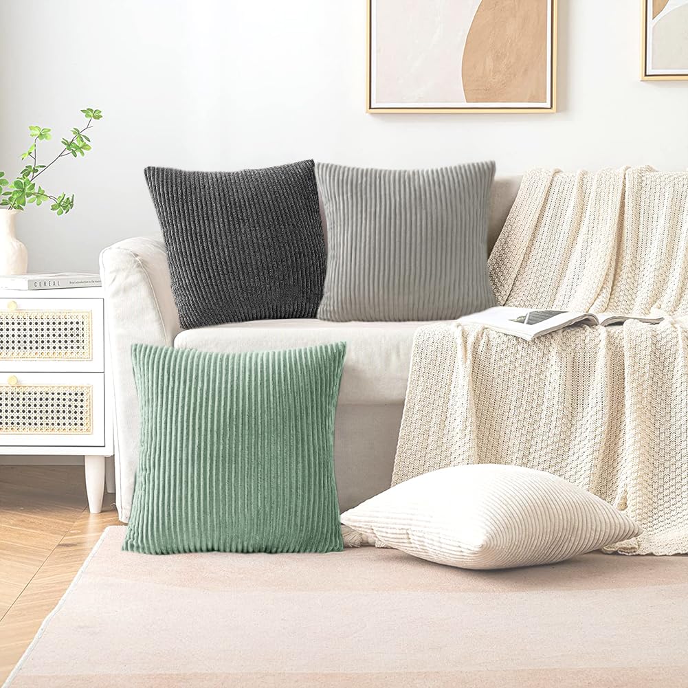 Set of 2 Corduroy Cushion Covers 40cm x 40cm,Soft Striped Square Pillow Case,Cushion Case with Invisible Zipper,Home Boho Decor Pillow Cases for Couch Sofa Bedroom,Living Room-Sage Green