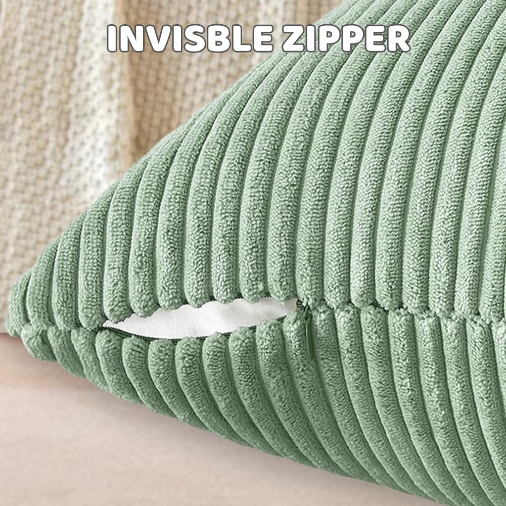 Set of 2 Corduroy Cushion Covers 40cm x 40cm,Soft Striped Square Pillow Case,Cushion Case with Invisible Zipper,Home Boho Decor Pillow Cases for Couch Sofa Bedroom,Living Room-Sage Green