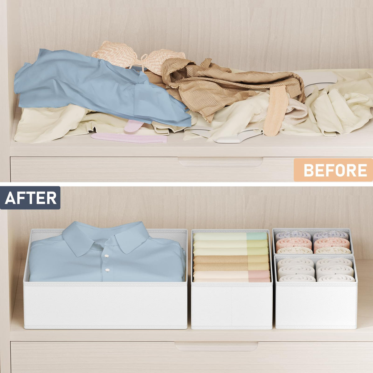 DIMJ 12 Pack Drawer Organisers Foldable Storage Box Fabric Drawer Dividers Wardrobe Storage Organiser Storage Cubes for Bras, Socks, Underwear, Ties, Scarves, Cosmetics