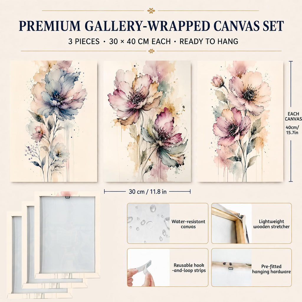 Soft Beige Floral Canvas Prints, Set of 3 Framed 12 x 16 Inch Wall Art