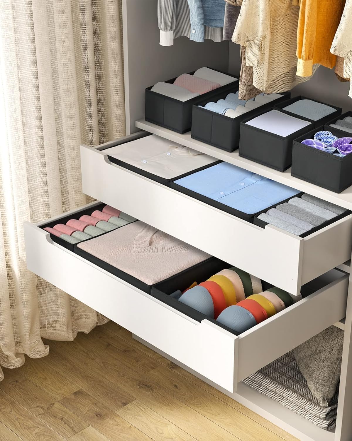 DIMJ 12 Pack Drawer Organisers Foldable Storage Box Fabric Drawer Dividers Wardrobe Storage Organiser Storage Cubes for Bras, Socks, Underwear, Ties, Scarves, Cosmetics