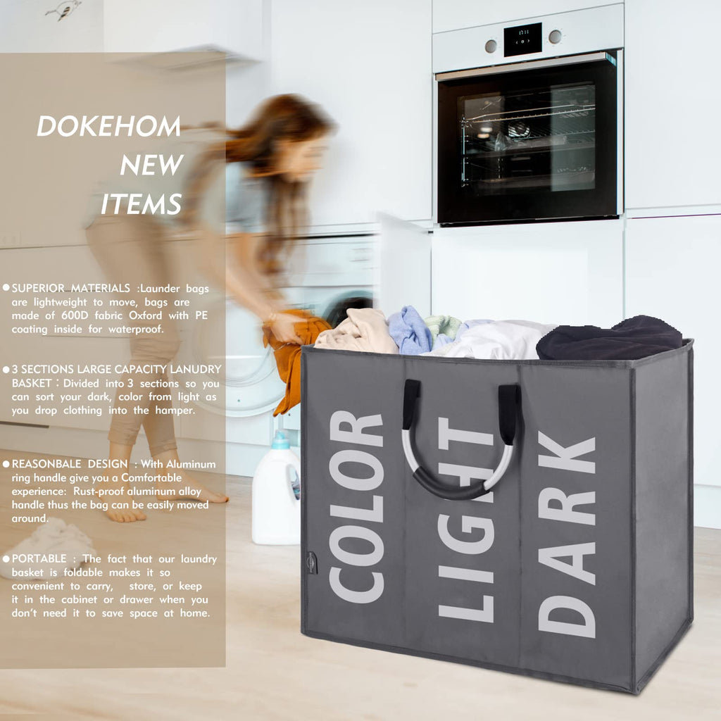 DOKEHOM 80L Collapsible Laundry Basket Bag with 2 Sections, Dark Grey