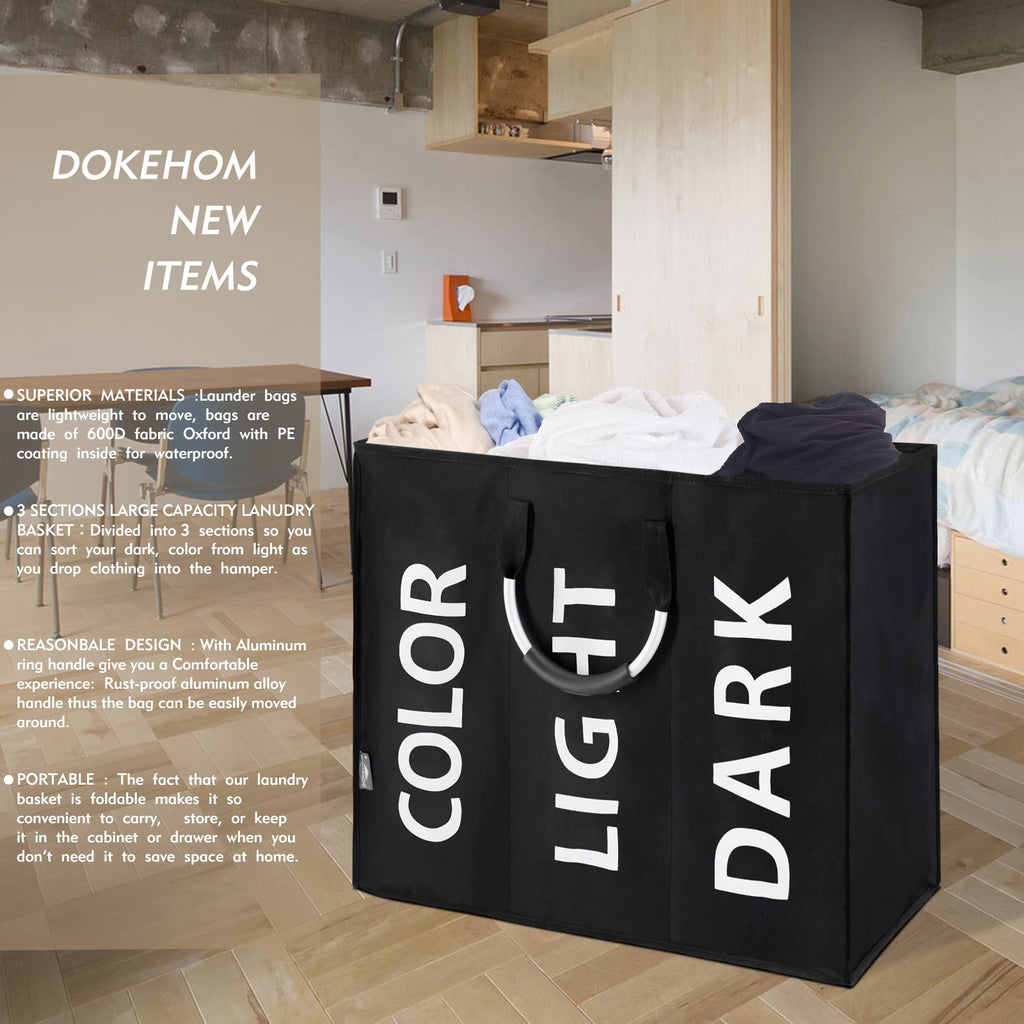 DOKEHOM 80L Collapsible Laundry Basket Bag with 2 Sections, Dark Grey