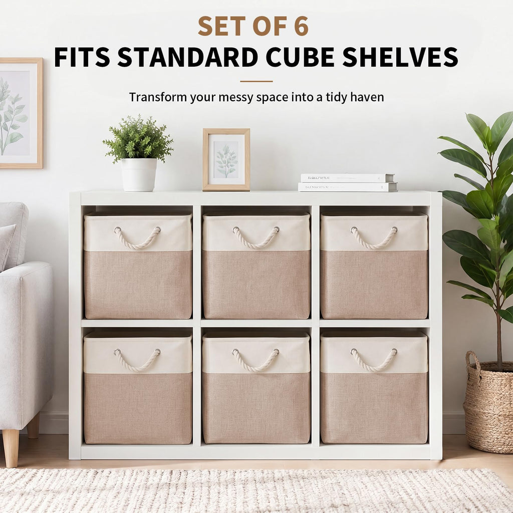 28 x 28 x 28 cm Cube Storage Boxes, 4 Pack Large Collapsible Fabric Storage Bin with Ropes, Foldable Storage Cubes for Home, Office,Closet, Clothes, Toys Organizer (White & Grey)