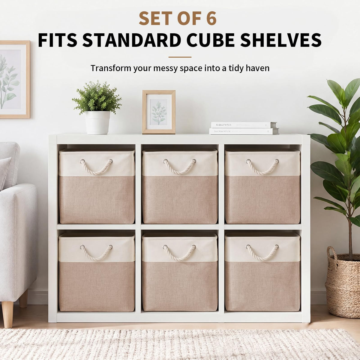 28 x 28 x 28 cm Cube Storage Boxes, 4 Pack Large Collapsible Fabric Storage Bin with Ropes, Foldable Storage Cubes for Home, Office,Closet, Clothes, Toys Organizer (White & Grey)