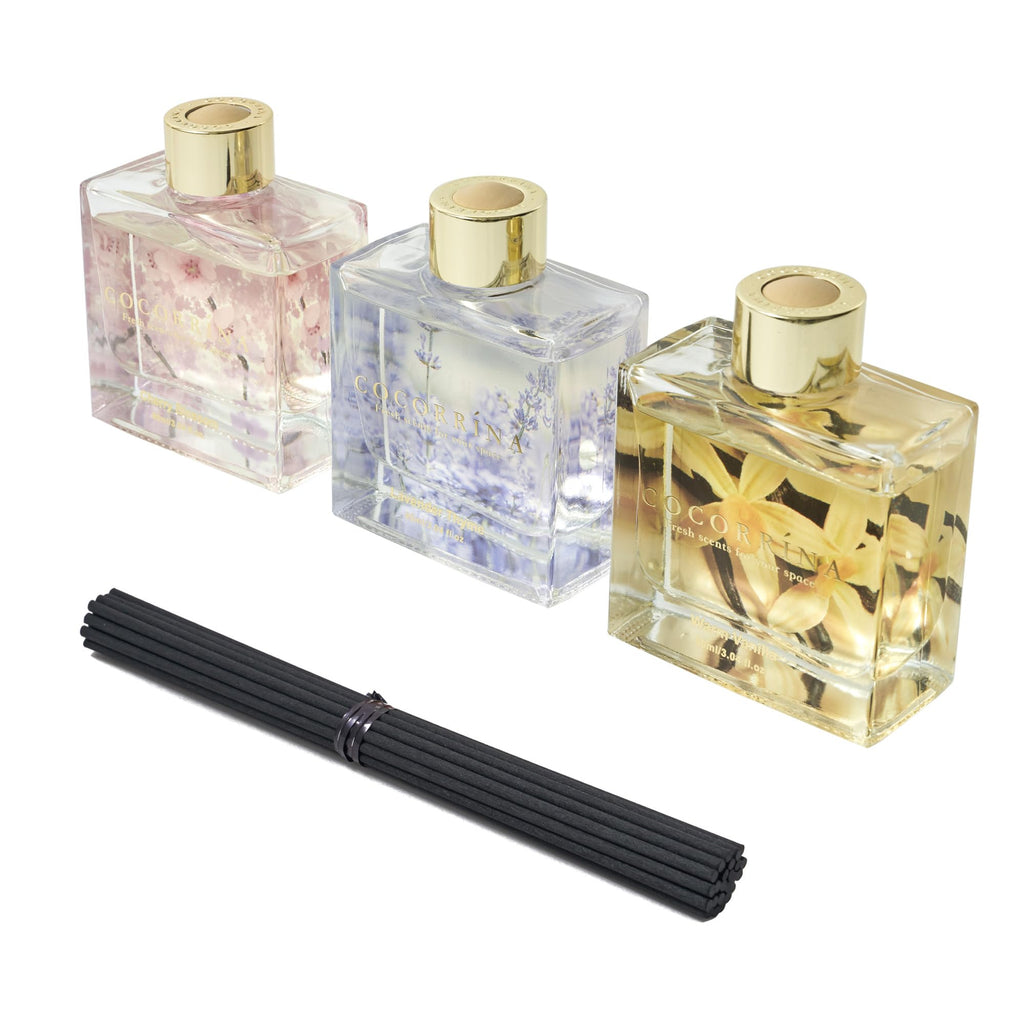 COCORRÍNA Reed Diffuser - 3 Pack/ 90ml with 24 Sticks Reed Diffuser for for House Bedroom Office Decor & Gifts Set (Cashmere Vanilla/Sandalwood Rose/Clean Linen)