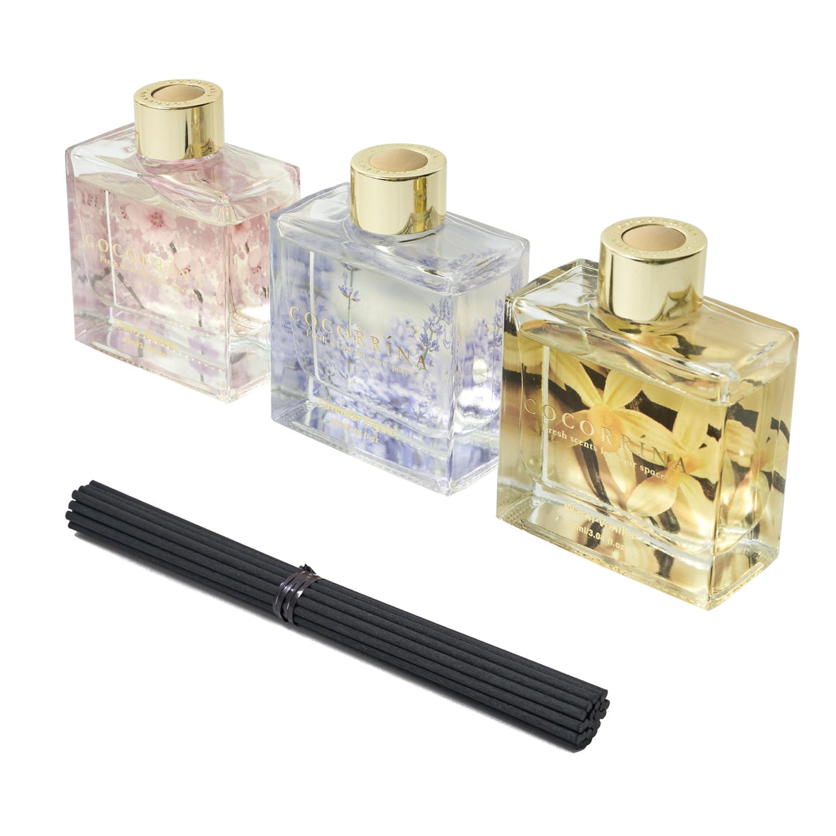 COCORRÍNA Reed Diffuser - 3 Pack/ 90ml with 24 Sticks Reed Diffuser for for House Bedroom Office Decor & Gifts Set (Cashmere Vanilla/Sandalwood Rose/Clean Linen)