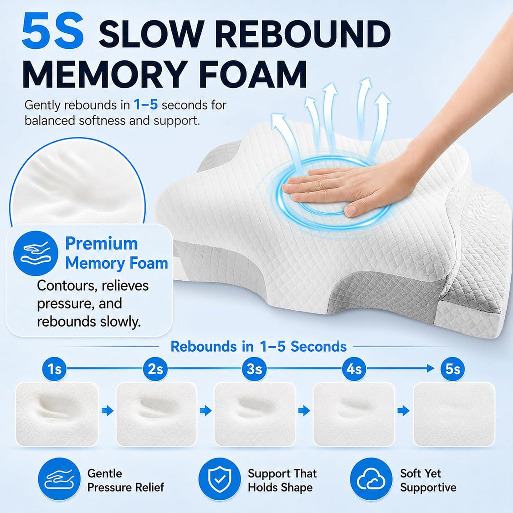 Hydomi Orthopaedic Cervical Pillow for Neck and Shoulder Pain Relief, Memory Foam Neck Support Pillow for Side, Back &Stomach Sleepers, Ergonomic Contour Bed Pillow with Armrest Design, Washable Cover