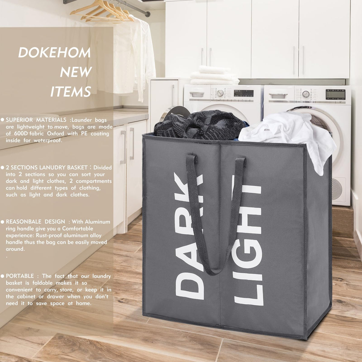 DOKEHOM 80L Collapsible Laundry Basket Bag with 2 Sections, Dark Grey