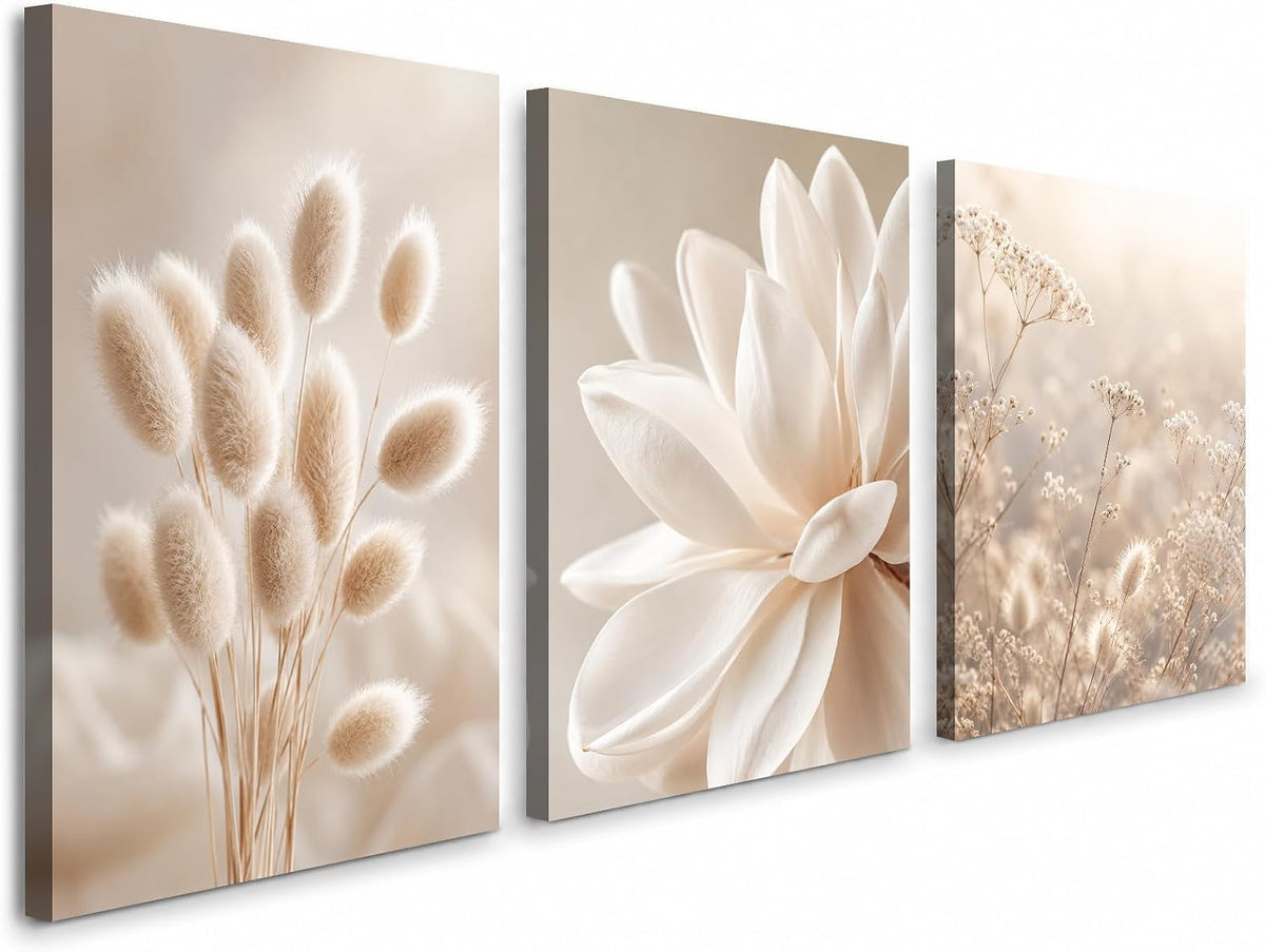 Soft Beige Floral Canvas Prints, Set of 3 Framed 12 x 16 Inch Wall Art