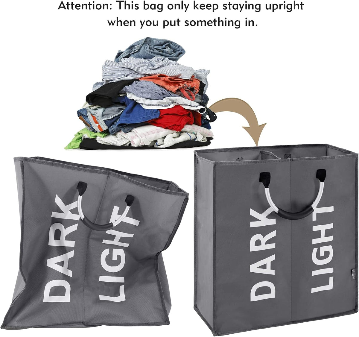 DOKEHOM 80L Collapsible Laundry Basket Bag with 2 Sections, Dark Grey