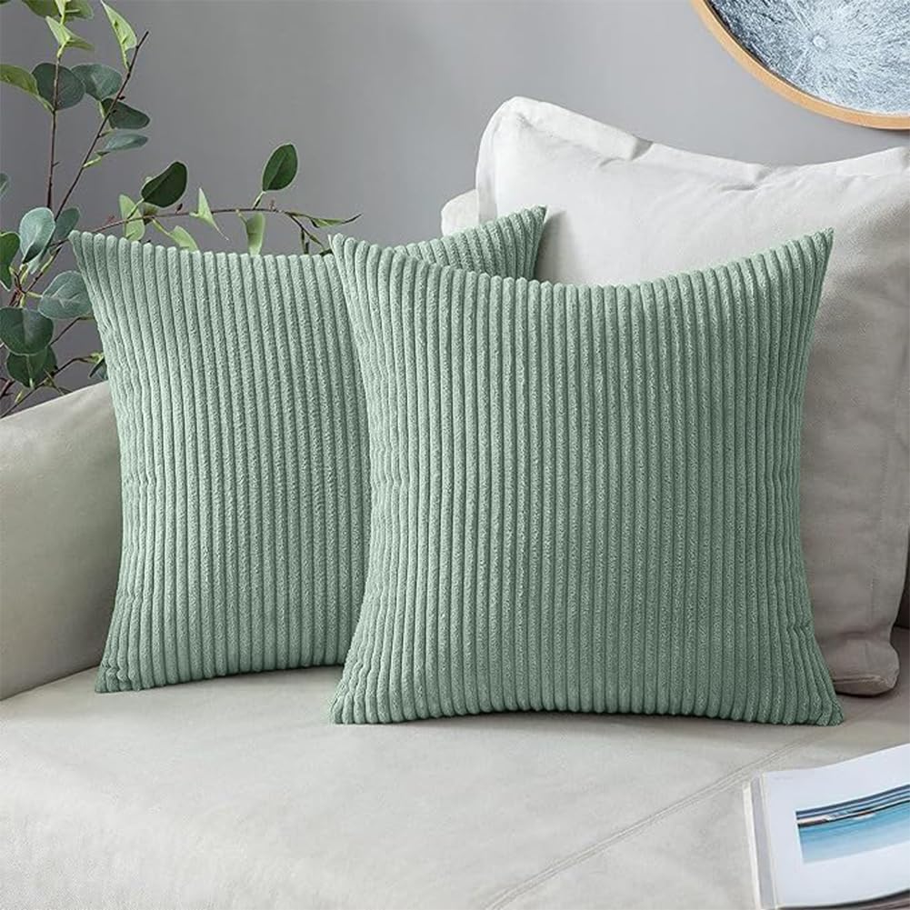 Set of 2 Corduroy Cushion Covers 40cm x 40cm,Soft Striped Square Pillow Case,Cushion Case with Invisible Zipper,Home Boho Decor Pillow Cases for Couch Sofa Bedroom,Living Room-Sage Green