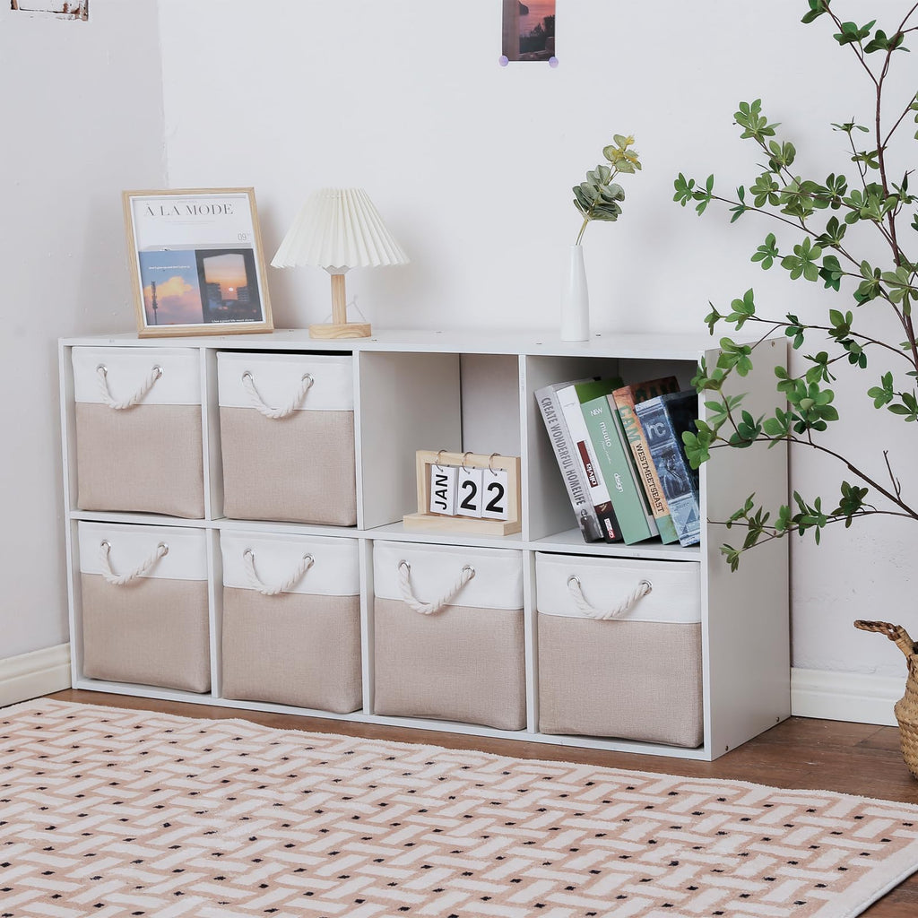 28 x 28 x 28 cm Cube Storage Boxes, 4 Pack Large Collapsible Fabric Storage Bin with Ropes, Foldable Storage Cubes for Home, Office,Closet, Clothes, Toys Organizer (White & Grey)