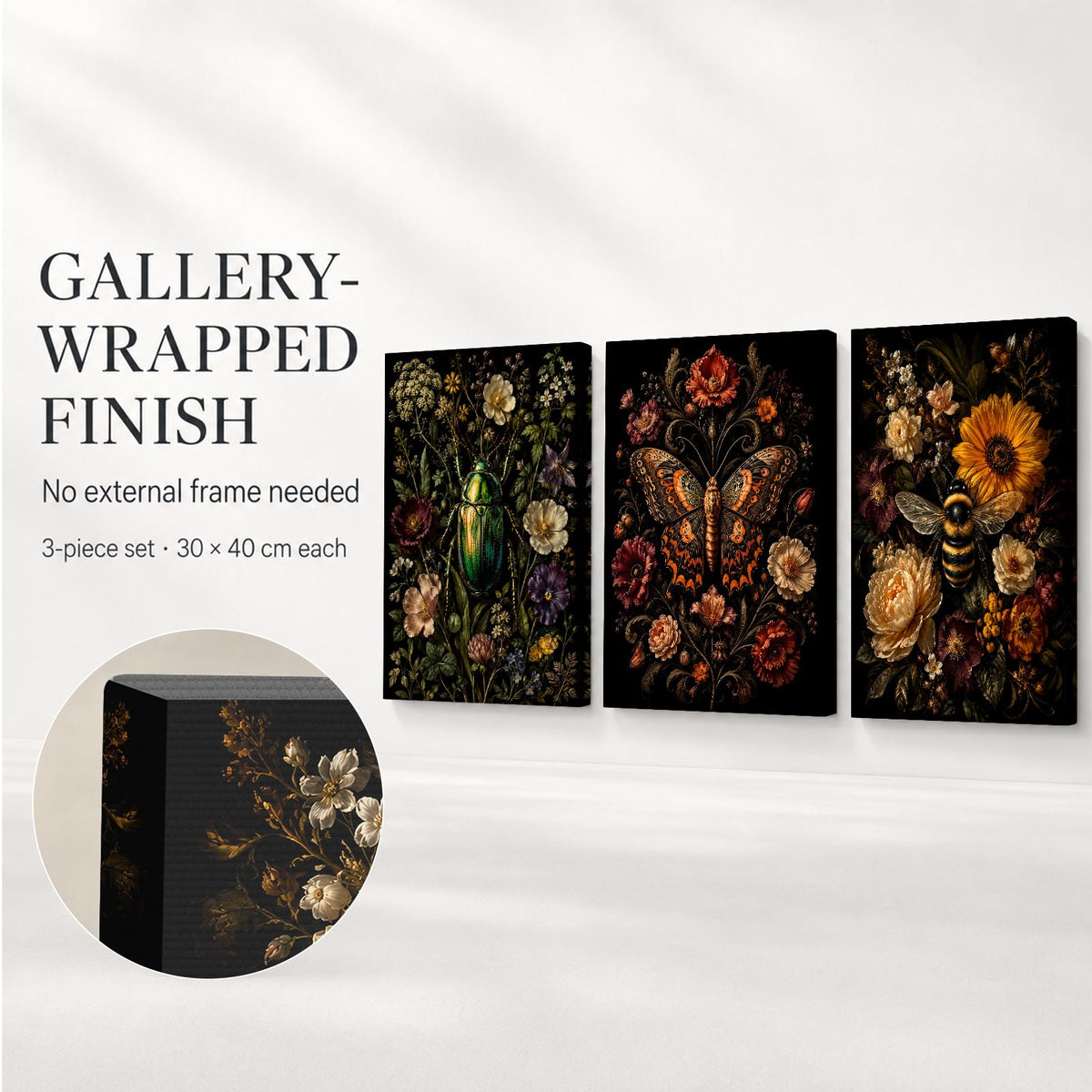 Soft Beige Floral Canvas Prints, Set of 3 Framed 12 x 16 Inch Wall Art