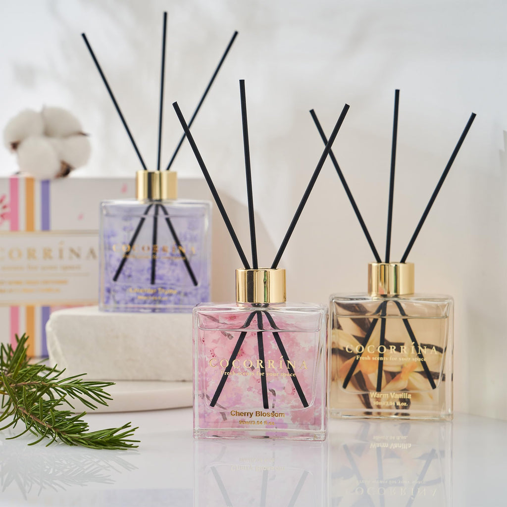 COCORRÍNA Reed Diffuser - 3 Pack/ 90ml with 24 Sticks Reed Diffuser for for House Bedroom Office Decor & Gifts Set (Cashmere Vanilla/Sandalwood Rose/Clean Linen)