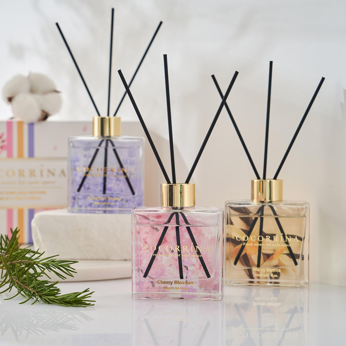 COCORRÍNA Reed Diffuser - 3 Pack/ 90ml with 24 Sticks Reed Diffuser for for House Bedroom Office Decor & Gifts Set (Cashmere Vanilla/Sandalwood Rose/Clean Linen)