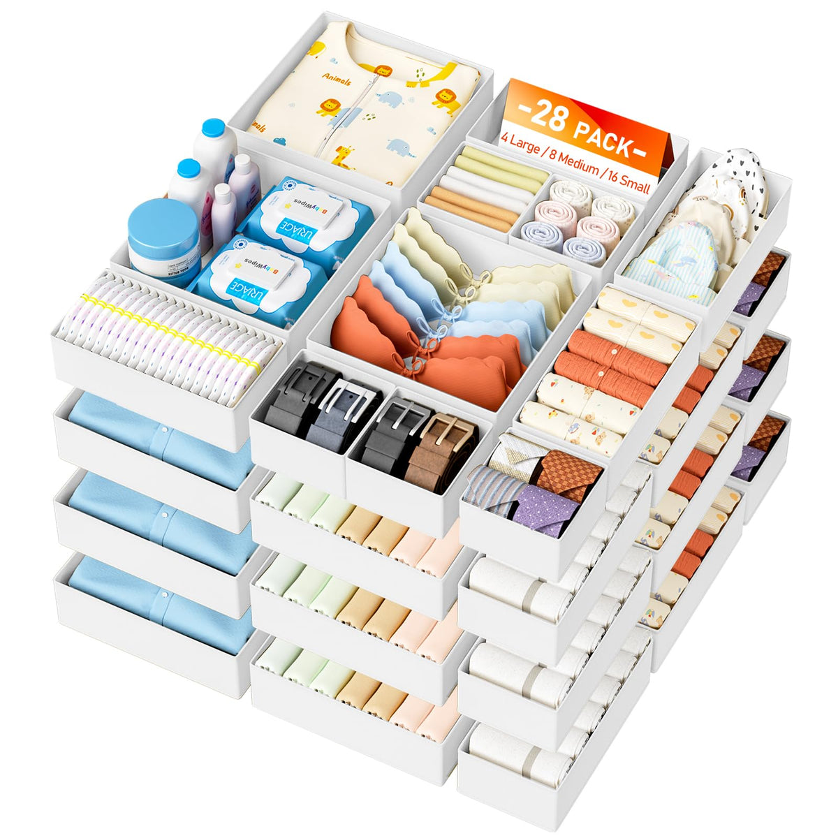DIMJ 12 Pack Drawer Organisers Foldable Storage Box Fabric Drawer Dividers Wardrobe Storage Organiser Storage Cubes for Bras, Socks, Underwear, Ties, Scarves, Cosmetics