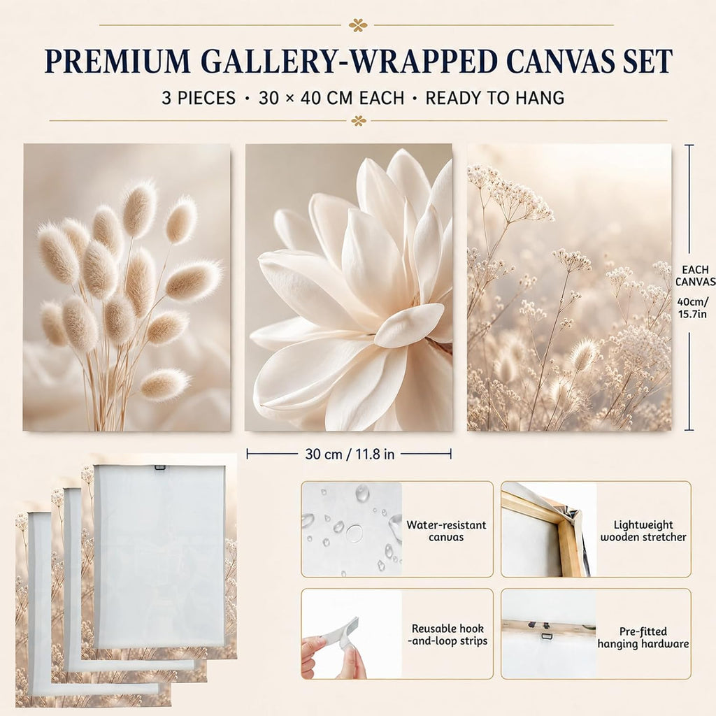 Soft Beige Floral Canvas Prints, Set of 3 Framed 12 x 16 Inch Wall Art