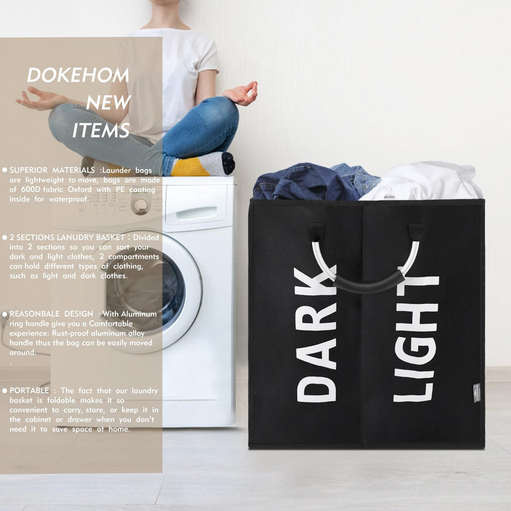 DOKEHOM 80L Collapsible Laundry Basket Bag with 2 Sections, Dark Grey