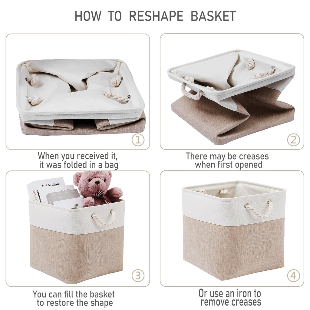 28 x 28 x 28 cm Cube Storage Boxes, 4 Pack Large Collapsible Fabric Storage Bin with Ropes, Foldable Storage Cubes for Home, Office,Closet, Clothes, Toys Organizer (White & Grey)