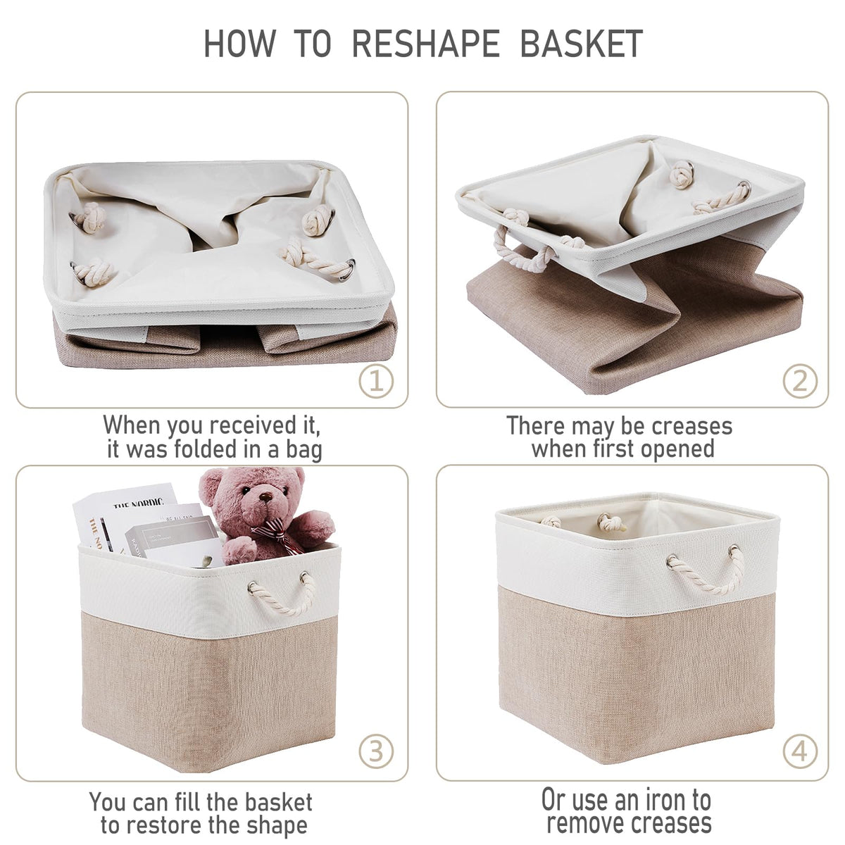 28 x 28 x 28 cm Cube Storage Boxes, 4 Pack Large Collapsible Fabric Storage Bin with Ropes, Foldable Storage Cubes for Home, Office,Closet, Clothes, Toys Organizer (White & Grey)